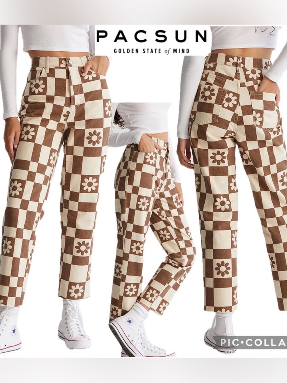 Pacsun Eco Flower Checkerboard High Waisted Straight Leg Jeans Raw Hem Size 26